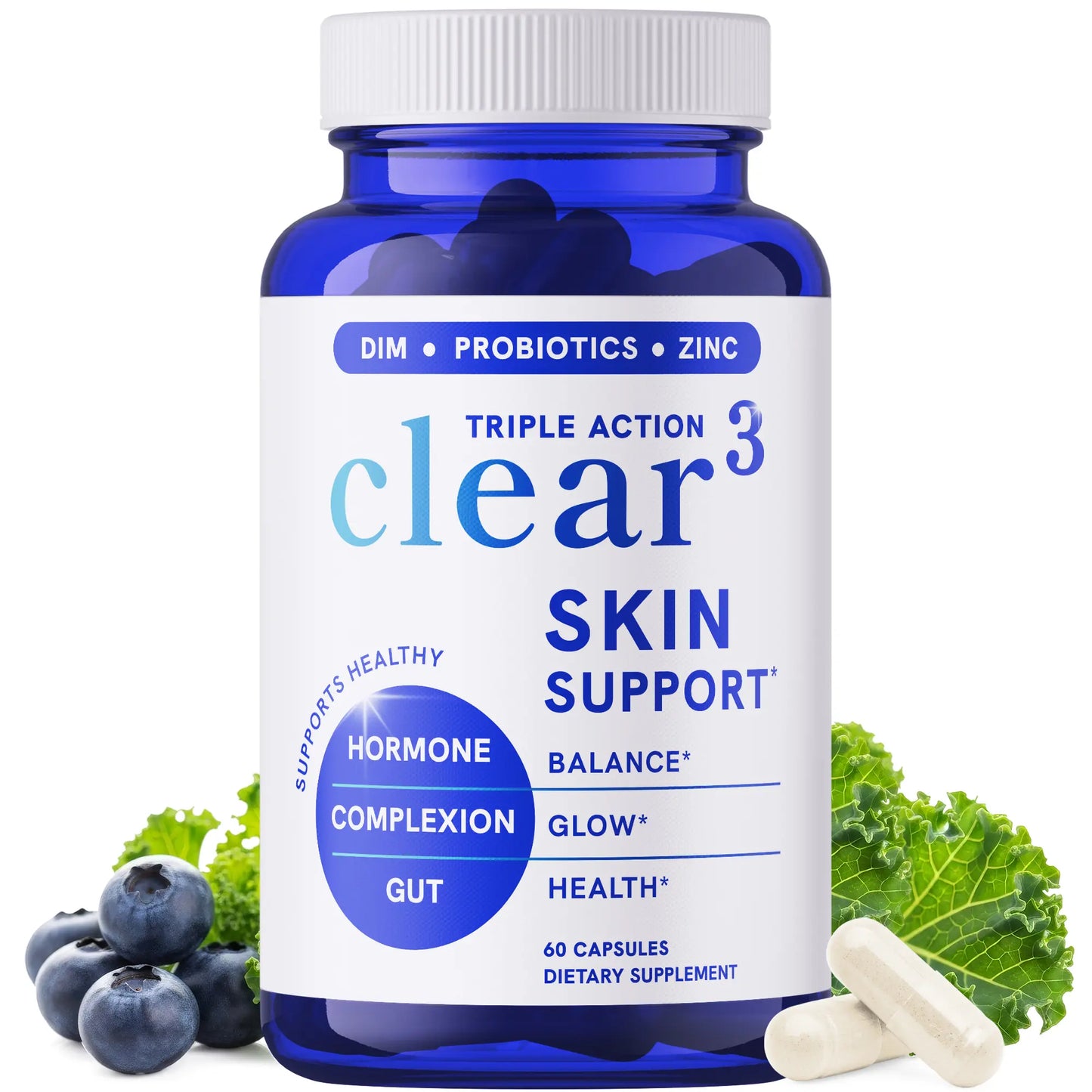 Clear Skin Acne Supplement with Zinc, DIM & Probiotics | 3-in-1 Balance, Clarify, Restore Support with Hyaluronic Acid & Skin Support Vitamins | For Women & Men | Oral Hormonal Acne Pills