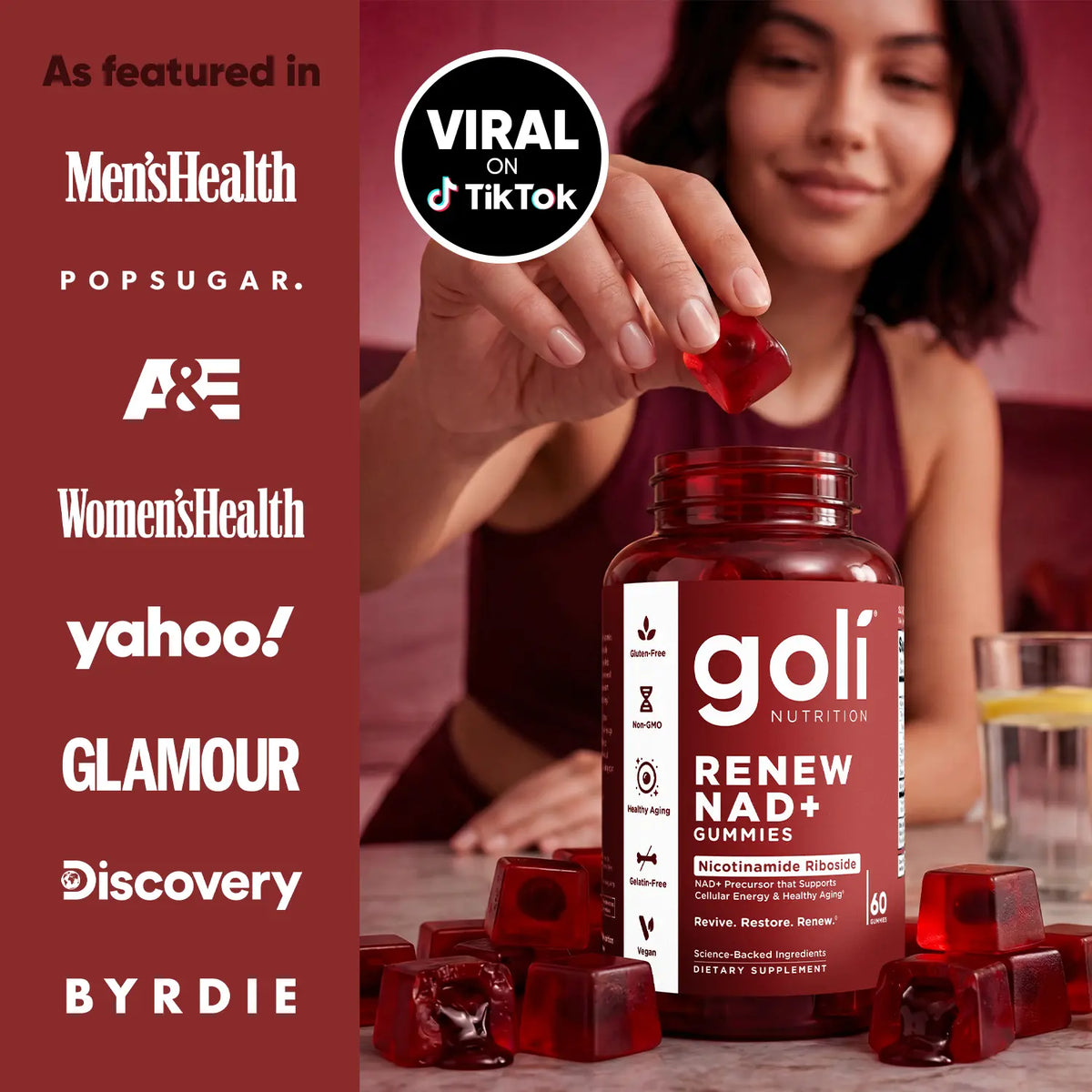 Goli Renew NAD+ (NR) Gummies. Clinically Studied NR Nicotinamide Riboside, Healthy Aging & Cellular Energy. Gluten Free, Non-GMO, Gelatin-Free, Vegan.