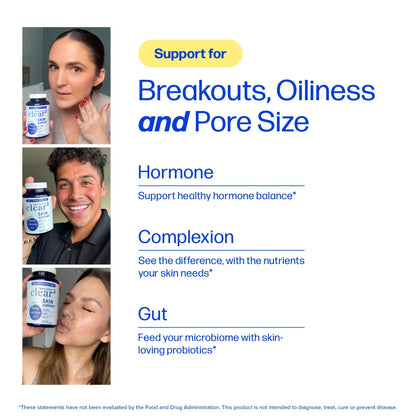 Clear Skin Acne Supplement with Zinc, DIM & Probiotics | 3-in-1 Balance, Clarify, Restore Support with Hyaluronic Acid & Skin Support Vitamins | For Women & Men | Oral Hormonal Acne Pills
