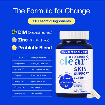 Clear Skin Acne Supplement with Zinc, DIM & Probiotics | 3-in-1 Balance, Clarify, Restore Support with Hyaluronic Acid & Skin Support Vitamins | For Women & Men | Oral Hormonal Acne Pills