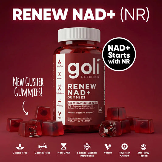 Goli Renew NAD+ (NR) Gummies. Clinically Studied NR Nicotinamide Riboside, Healthy Aging & Cellular Energy. Gluten Free, Non-GMO, Gelatin-Free, Vegan.