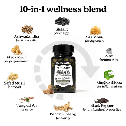 BetterAlt GOLD+ Shilajit, Ashwagandha & Sea Moss Capsules | Lab-Tested for Purity | Helps Boost Energy & Immunity | 2-Month Pack