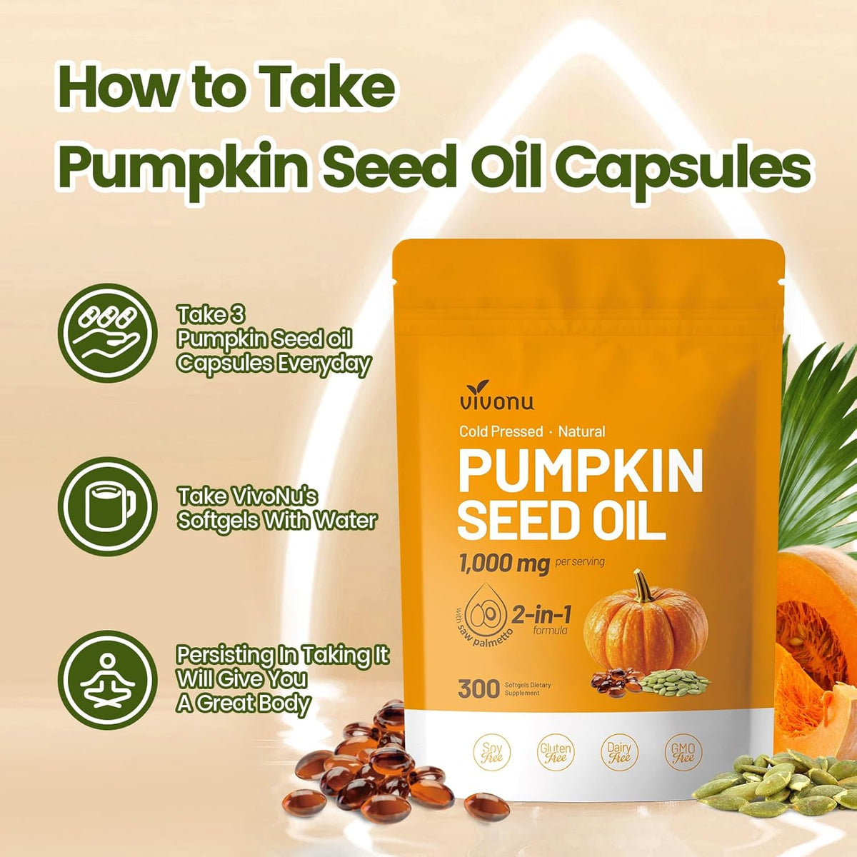 Pumpkin Seed Oil & Saw Palmetto Supplement Cold Pressed, Pure Virgin Oil Softgels Hair Growth, Urinary, Bladder & Prostate Support Non-GMO 300 Count