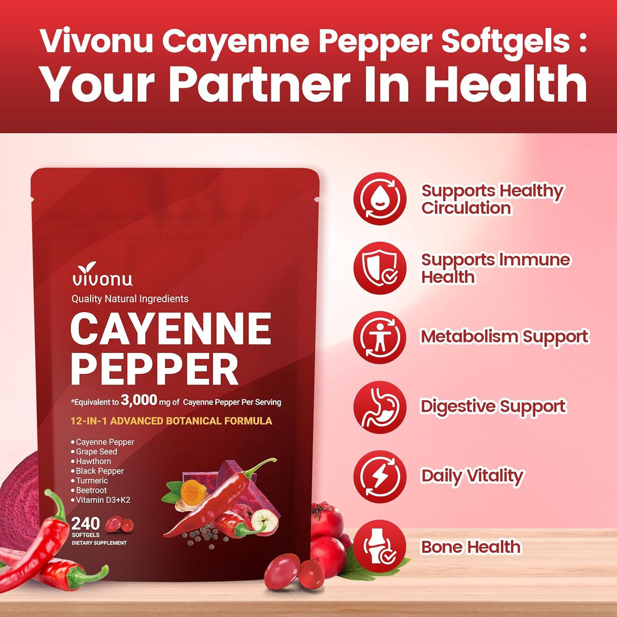 Cayenne Pepper Softgels Supplement, Supports Leg Vein, Heart and Blood Vessel Health, with Vitamin E D3+K2 and Extracts of Grape Seed, Hawthorn, Beetroot, Berberine and Others(240 Softgels/1 Bag).