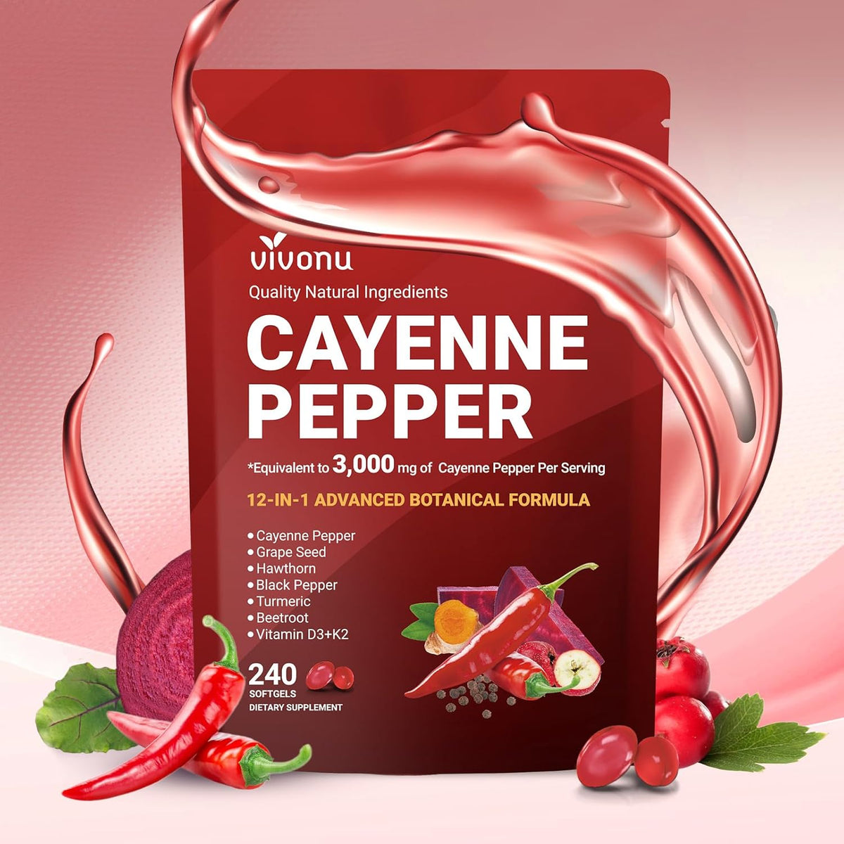 Cayenne Pepper Softgels Supplement, Supports Leg Vein, Heart and Blood Vessel Health, with Vitamin E D3+K2 and Extracts of Grape Seed, Hawthorn, Beetroot, Berberine and Others(240 Softgels/1 Bag).