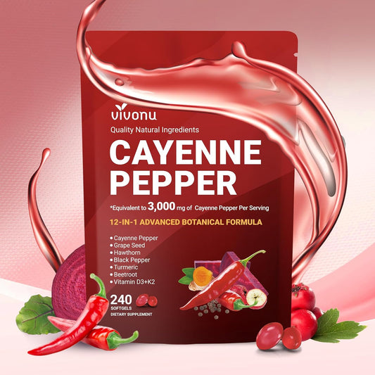 Cayenne Pepper Softgels Supplement, Supports Leg Vein, Heart and Blood Vessel Health, with Vitamin E D3+K2 and Extracts of Grape Seed, Hawthorn, Beetroot, Berberine and Others(240 Softgels/1 Bag).