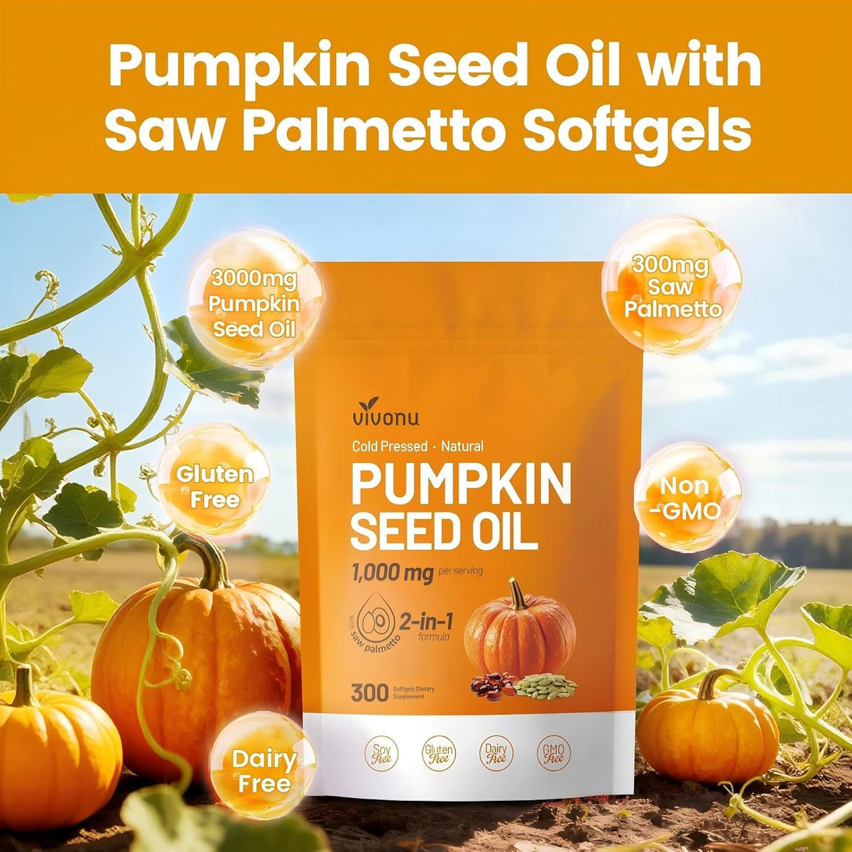 Pumpkin Seed Oil & Saw Palmetto Supplement Cold Pressed, Pure Virgin Oil Softgels Hair Growth, Urinary, Bladder & Prostate Support Non-GMO 300 Count