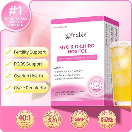 Gynable Inositol Supplement 40:1 Myo-Inositol D-Chiro-Inositol Folate women's supplements for Preparing for pregnancy,Fertility PCOS Cycle Balance PMS Hormonal Acne 20 Packets Vegan Non-GMO - Optimum Edible Dietary Vitamin Fitness Healthcare