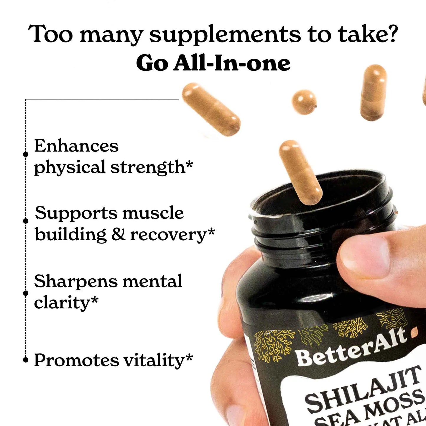BetterAlt GOLD+ Shilajit, Ashwagandha & Sea Moss Capsules | Lab-Tested for Purity | Helps Boost Energy & Immunity | 2-Month Pack